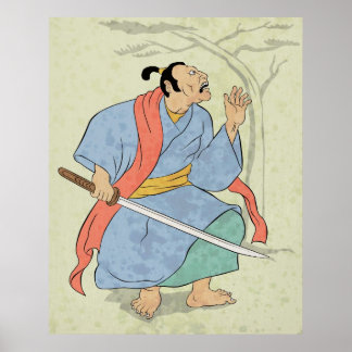 Póster Guerrero de Samurai con huella de bloque de madera