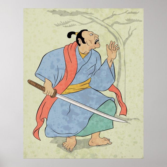 Póster Guerrero de Samurai con huella de bloque de madera (Frente)