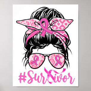 Póster Guerrero del cáncer de mama con lazo rosa y leopar