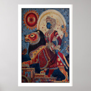 Póster Guerrero Indio Imprimir Mosaico Jinete León - Azul