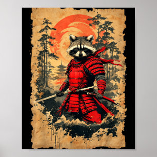 Póster Guerrero Mapache Samurái Japonés Gráfica Estilo Vi