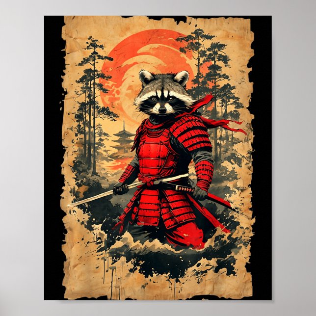 Póster Guerrero Mapache Samurái Japonés Gráfica Estilo Vi (Frente)
