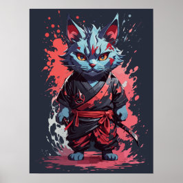 Póster Guerrero Ninja Gato Gris Acuarela Genial