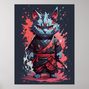Póster Guerrero Ninja Gato Gris Acuarela Genial