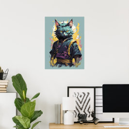 Póster Guerrero Ninja Gato Gris Salpicadura de Fuego Geni