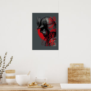 Póster Guerrero samurái con filo Tinta japonesa Sol rojo