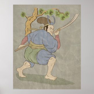 Póster Guerrero samurai japonés katana lucha con espada
