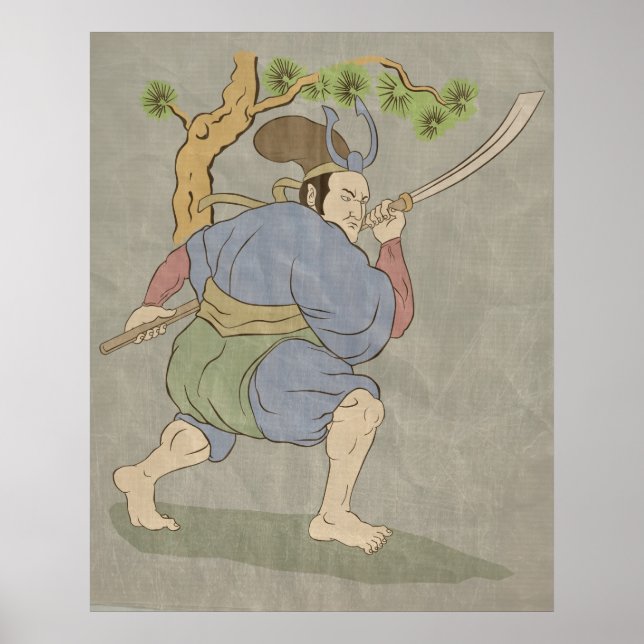 Póster Guerrero samurai japonés katana lucha con espada (Frente)