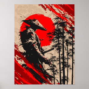 Póster Guerrero Samurái Japonés Tinta Lavada