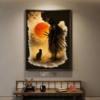Póster Guerrero Samurái Japonés y Gato Negro Bajo Sangre 