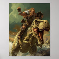 Guerrero vikingo épico montando un T-Rex rugiente