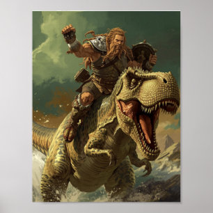 Póster Guerrero vikingo épico montando un T-Rex rugiente