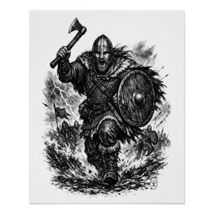 Póster Guerrero vikingo forjado por la tormenta en tinta