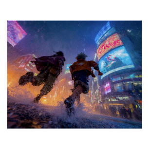 Póster Guerreros de Anime Cyberpunk Lucha bajo la Lluvia