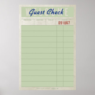 Póster Guest Check – Vintage Diner Receipt Wall Art Print