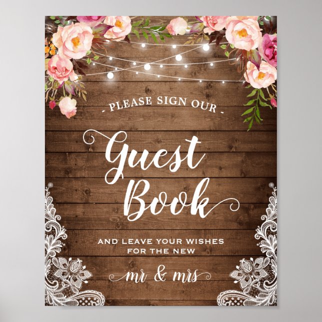 Póster Guestbook Rótulo Rustic Floral String Lughts Lace (Frente)