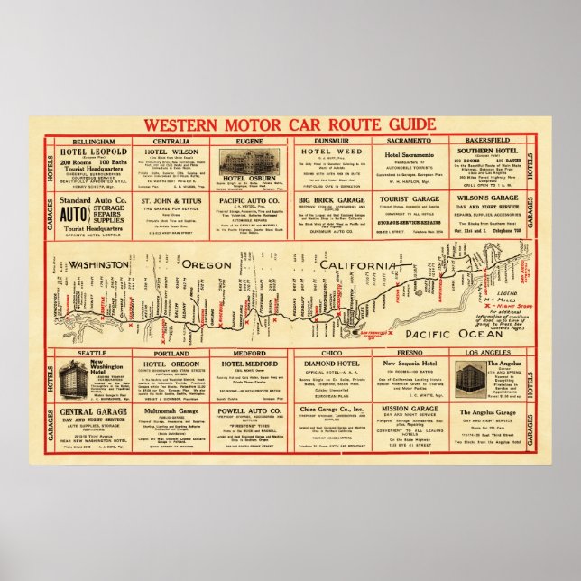 Póster Guía de ruta del automóvil occidentalMapa panorámi (Frente)