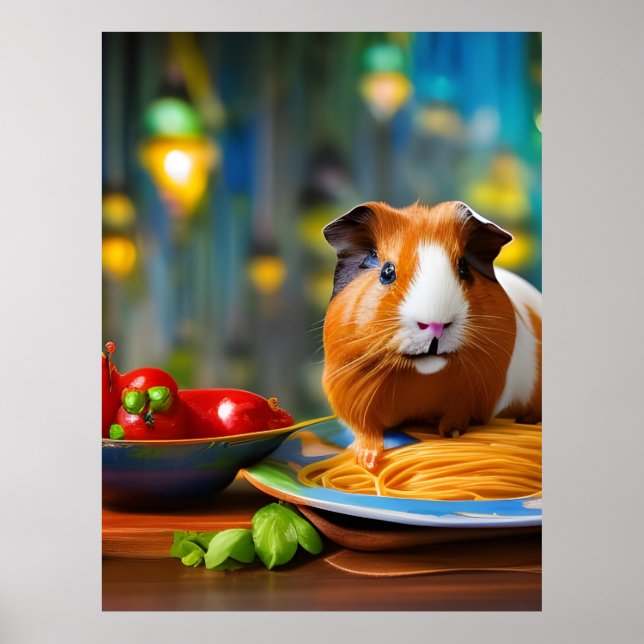 Póster Guinea Cerdo comiendo Spaghetti (Frente)