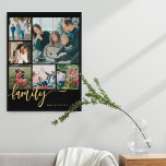 Póster Guión de familia de collage multifoto moderno<br><div class="desc">Elegante guión moderno de caligrafía escrita a mano por la familia con seis fotos personalizados poster de mango de oro negro.             Tenga en cuenta que el color de fondo puede cambiar. Puede reemplazar el negro por cualquier otro color después de seleccionar la opción PERSONALIZAR.</div>