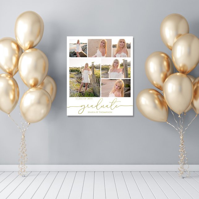 Póster Guión de graduación moderno de varios Collages de  (Graduation photo collage party poster with gold calligraphy. )