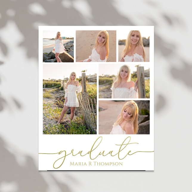 Póster Guión de graduación moderno de varios Collages de  (Graduation gold gradient calligraphy script photo collage poster. )