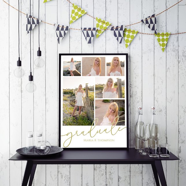 Póster Guión de graduación moderno de varios Collages de  (Gold calligraphy script multi photo template poster.)