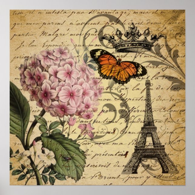 Póster guión de la corona hidrangea bird botánico francés (Frente)