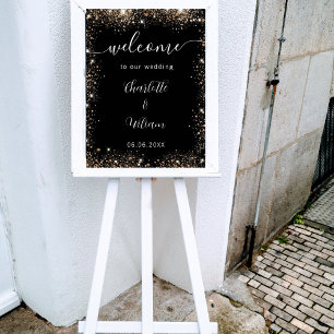 Póster Guión de nombres de purpurina negra de boda bienve