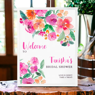Póster Guión floral rosa brillante bienvenida a la ducha