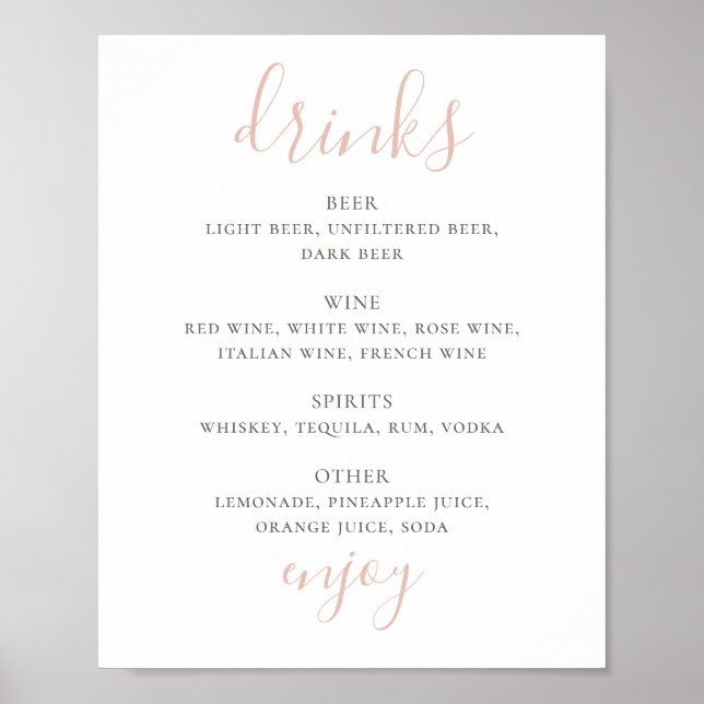Póster Guión rosa simple. Bar boda de bebidas alcohólicas