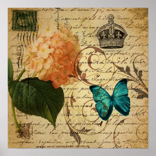 Póster guiones de parís de mariposa azul botánico francés (Frente)
