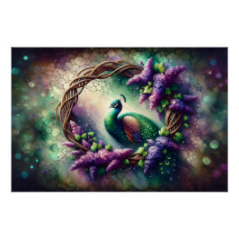 Póster Guirnalda floral de pavo real encantado
