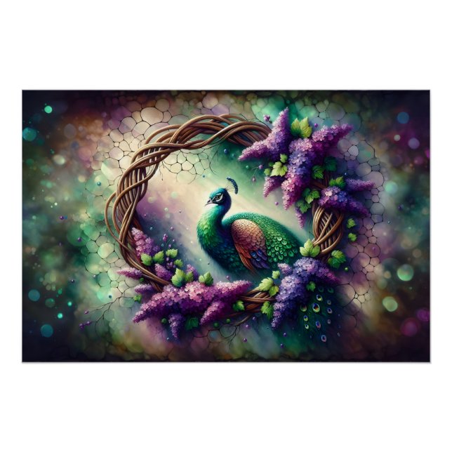 Póster Guirnalda floral de pavo real encantado (Anverso)
