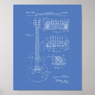 Póster Guitar 1955 Patent Art - Blueprint
