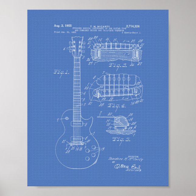 Póster Guitar 1955 Patent Art - Blueprint (Frente)