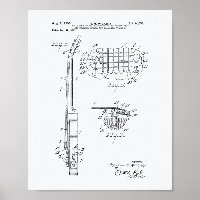 Póster Guitar 1955 Patent Art White Paper (Frente)