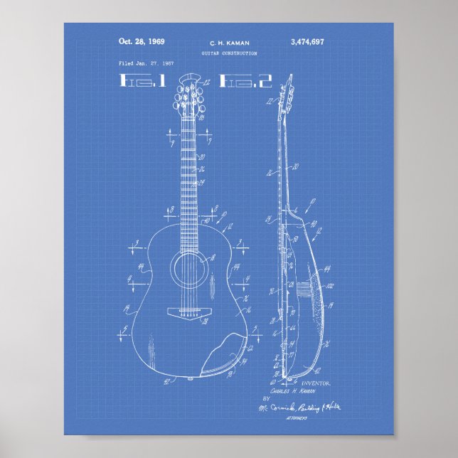 Póster Guitar 1969 Patent Art Blueprint (Frente)