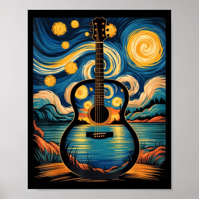 Póster Guitar Lake Starry Night Music Guitarist Van Gogh  (Frente)
