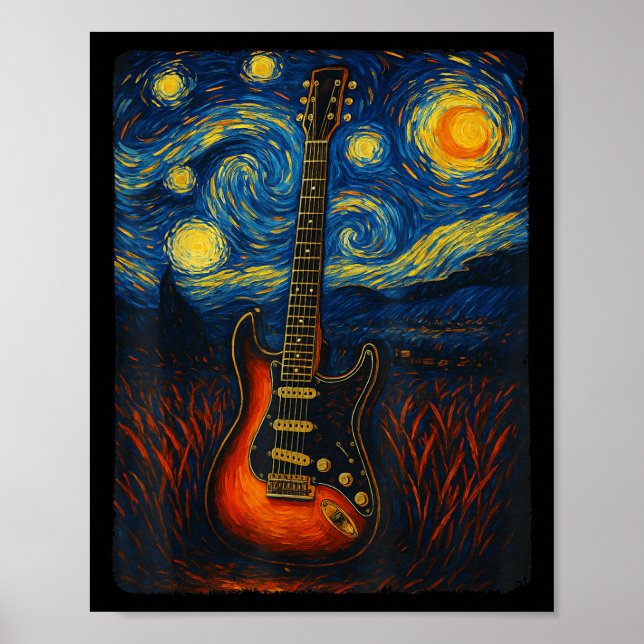 Póster Guitar Starry Night Van Gogh Guitarist Rock And Ro (Frente)