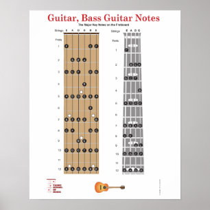 Póster Guitar y Base Guitar Fret Board Poster con Notas