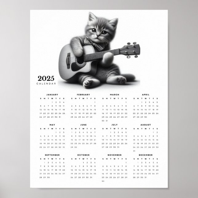 Póster Guitarista de gatos gatitos en el calendario Bow T (Frente)