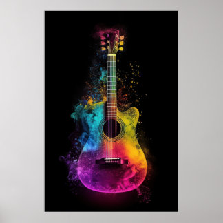Póster Guitarra acústica con colores que explotan