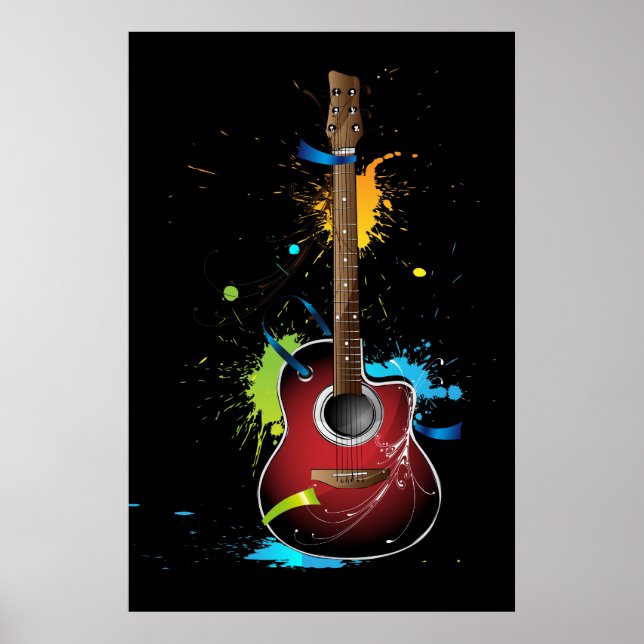 Póster Guitarra acústica con manchas de pintura (Frente)