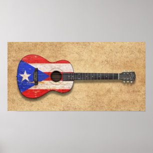 Póster Guitarra acústica de la bandera gastada de Puerto