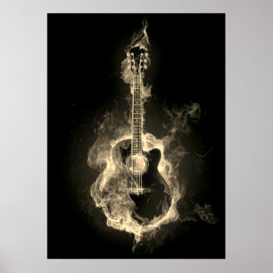 Póster Guitarra acústica en llamas blancas