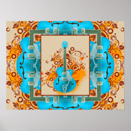 Póster Guitarra Acústica Floral Grunge Vintage