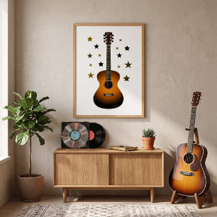 Póster Guitarra Acústica Sol Dorado Negro Estrellas Músic