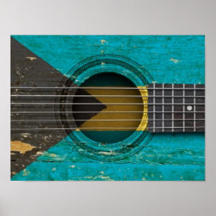 Póster Guitarra acústica vieja con la bandera de Bahamas