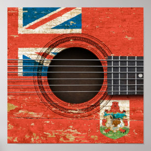 Póster Guitarra acústica vieja con la bandera de Bermudas