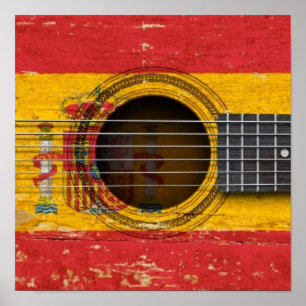 Póster Guitarra acústica vieja con la bandera española